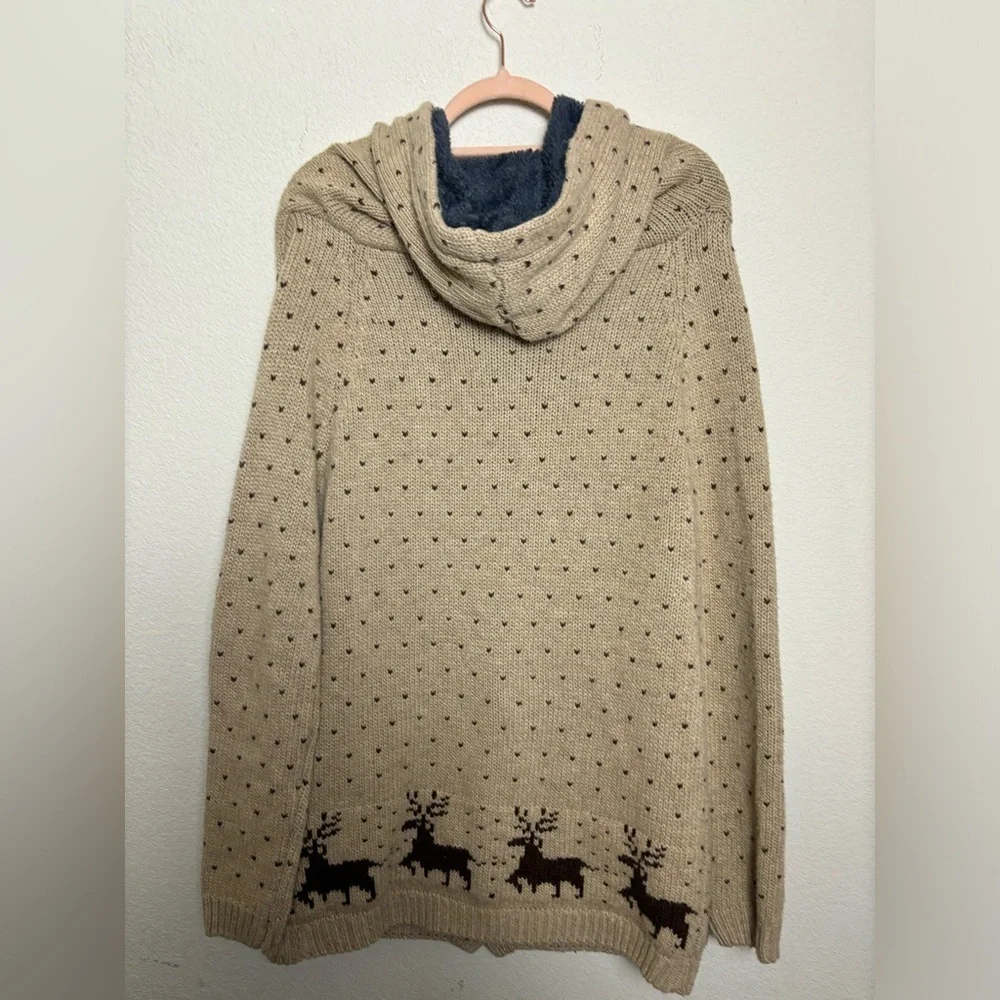 Cottagecore Cream and Brown Deer Print Sherpa Fur Lined Knit Hooded Cardigan M/L